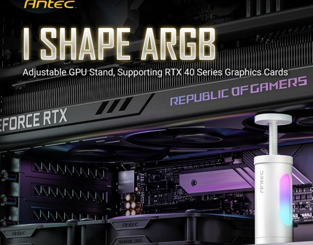 Antec I Shape ARGB White GPU Bracket, L100,  Solid Construction for large GPU - 3-Pin Daisy Cable - Stable Ruibber Pad top. Magnetic Non-Slip Base.-0