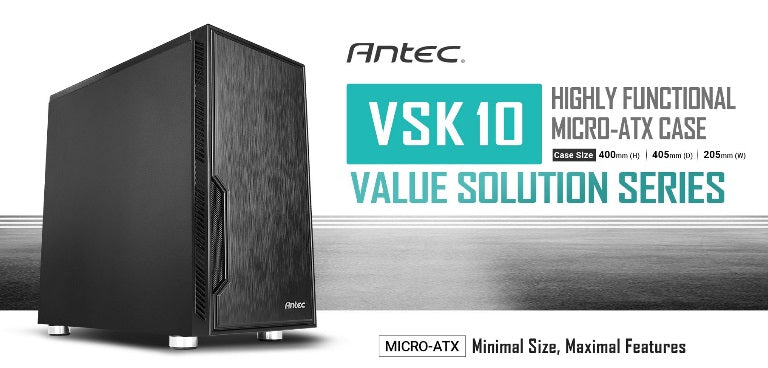 Antec VSK10 mATX Case. 2x USB 3.0 Thermally Advanced Builder's Case. 1x 120mm Fan preinstalled. GPU 350mm, PSU  CPU 160mm, Two Years Wty-0