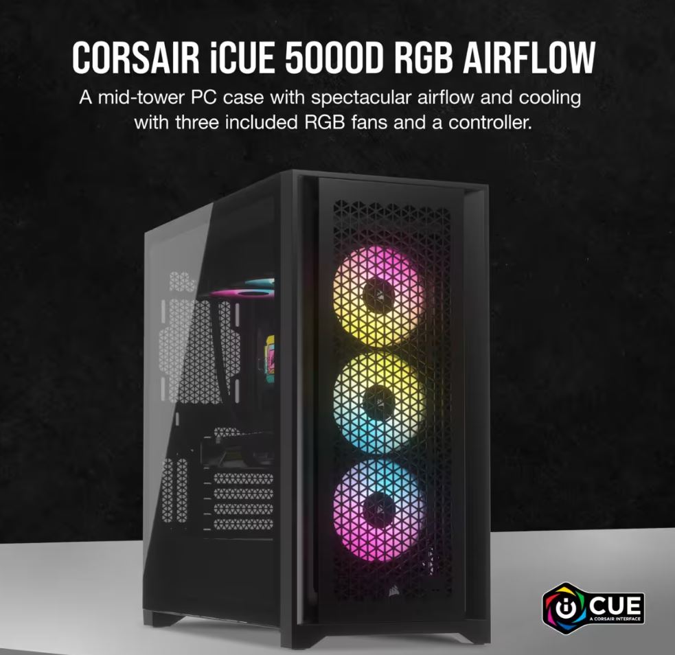 Corsair iCUE 5000D RGB High Airflow, 3x AF120 RGB Elite Fan, Lighting Node Pro Controller, Tempered Glass Mid-Tower, Black Gaming Case-0