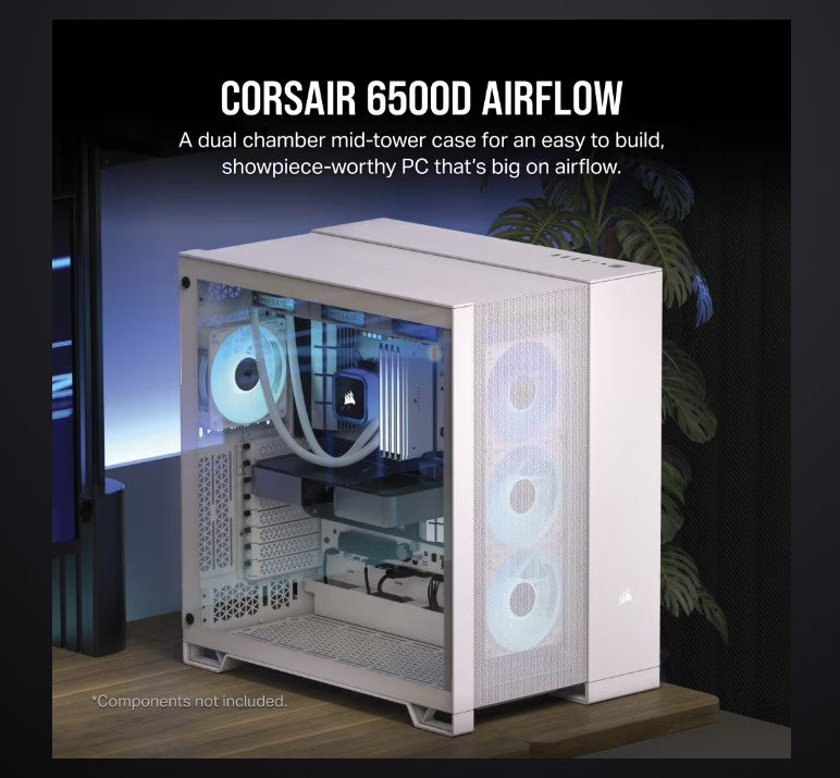 CORSAIR 6500D Airflow Tempered Glass ATX Mid-Tower, Mesh Left Front, Dual Chamber White Case-0