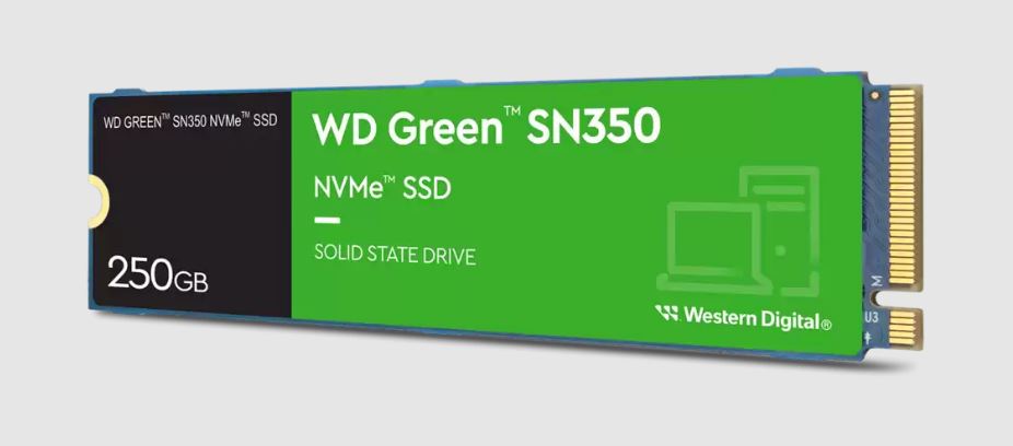 Western Digital WD Green SN350 250GB M.2 NVMe SSD PCIe 3.0x4 2400MB/s 1500MB/s R/W 300K/300K IOPS 40TBW 1M Hrs MTTF 3Y WTY (WDS250G2G0C)-0