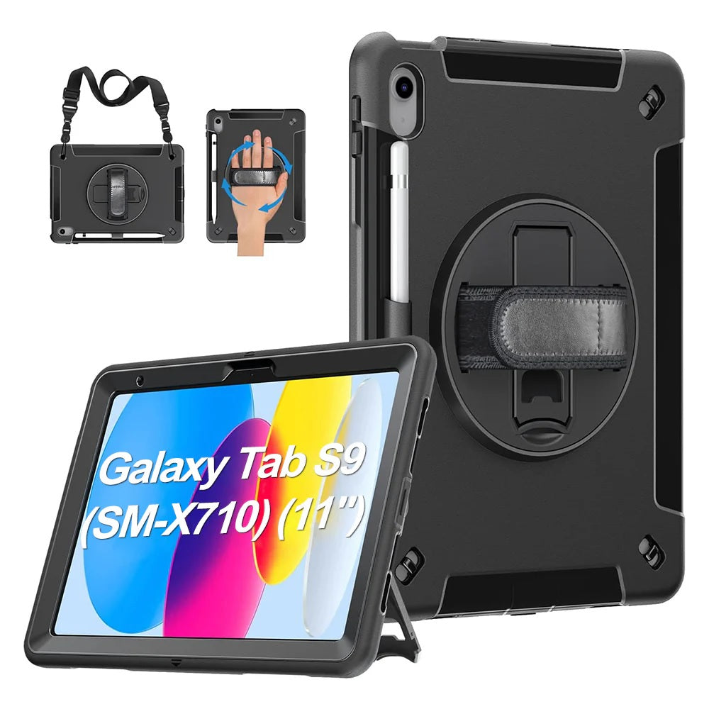 Generic Rugged Samsung Galaxy Tab S9 (11") / Tab S9 FE (10.9") Case Black - Built-in-Kickstand,Adjustable Hand Strap,Shoulder Strap,Pen Holder-0