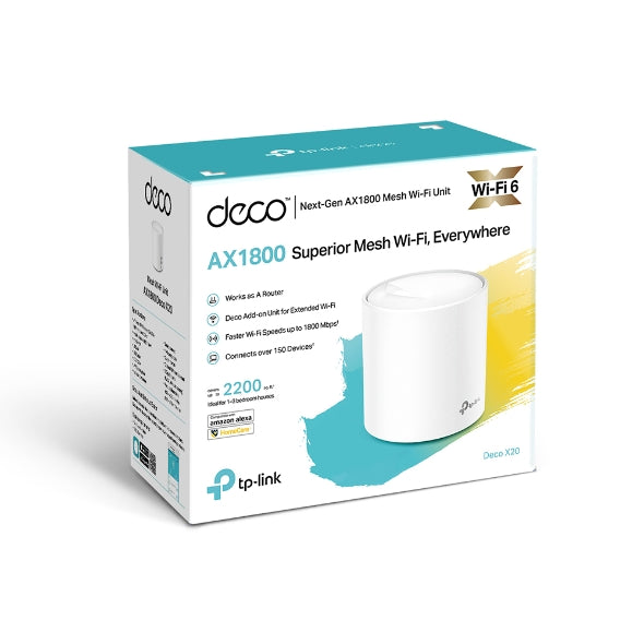 TP-Link Deco X20 (1-pack)AX1800 Whole Home Mesh Wi-Fi 6 System, Up To 200 sqm Coverage, WIFI6, 1201Mbps @ 5Ghz, 574Mbps @ 2.4 GHz OFDMA, MU-MIMO (WIFI-0