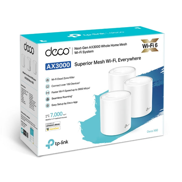 TP-Link Deco X60 (3-pack) AX5400 Whole Home Mesh Wi-Fi 6 System  (WIFI6), Up to 650sqm Coverage, WPA3, TP-Link Homecare, OFDMA, MU-MIMO (3.20V)-0