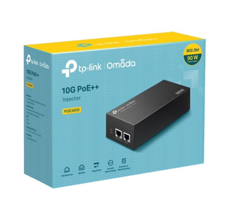 TP-Link POE380S Omada 10G PoE++ Injector PORT_ 1× 10Gbps PoE Port, 1× 10Gbps Non-PoE Port, SPEC_ 802.3bt/at/af Compliant, 90 W PoE Power, Data and Pow-0