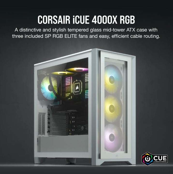 Corsair Carbide Series 4000X RGB E-ATX, ATX, Tempered Glass Front  Side. White,3x 120mm RGB Fans pre-installed. USB 3.0 and Type-C x 1. PCI 7+2, Case-0