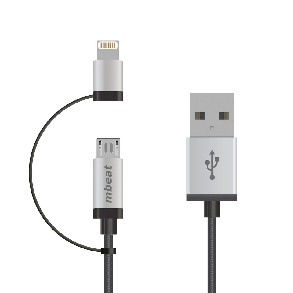 (LS) mbeat® 1m Lightning and Micro USB Data Cable - 2-in-1/Aluminmum Shell Crush-Proof/Nylon Braided/Silver/ Apple/Andriod Tablet Mobile Device (L)-0