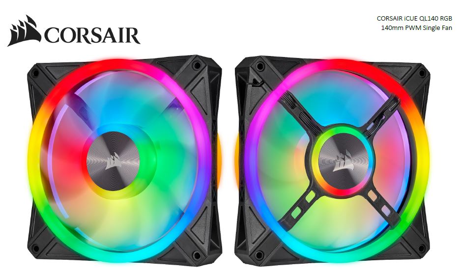 Corsair QL140 RGB, ICUE, 140mm RGB LED PWM Fan 26dBA, 50.2 CFM, Single Pack-0