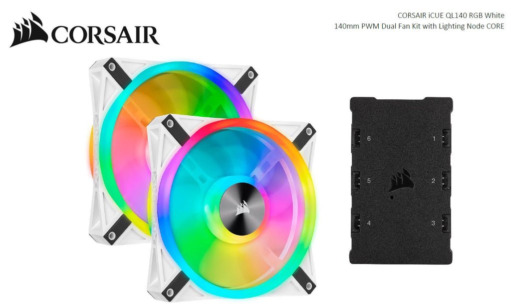 Corsair QL140 RGB White Dual Fan Kit with Lighting Node Core, ICUE, 140mm RGB LED PWM Fan 26dBA, 50.2 CFM, 2 Fan Pack-0