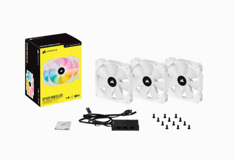 Corsair White SP120 RGB ELITE, 120mm RGB LED PWM Fan with AirGuide, Triple Pack with Lighting Node CORE (LS)-0
