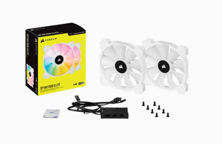 Corsair White SP140 RGB ELITE, 140mm RGB LED Fan with AirGuide, 68 CFM, Dual Pack with Lighting Node CORE-0
