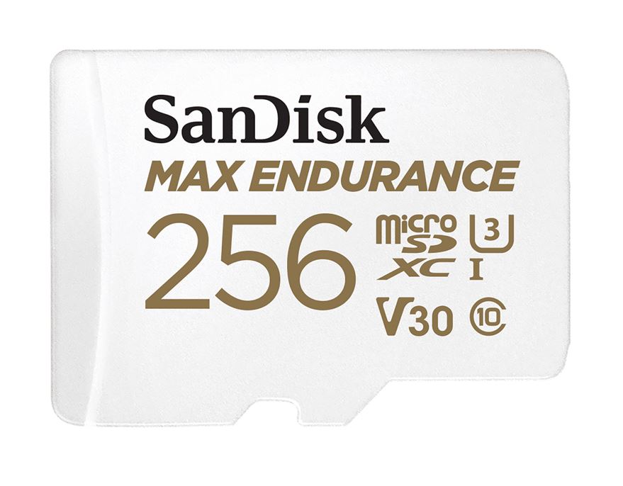 SanDisk Max Endurance 256GB microSD 100MB/s 40MB/s 20K hrs 4K UHD C10 U3 V30 -40°C to 85°C Heat Freeze Shock Temperature Water X-ray Proof SD Adapter-0