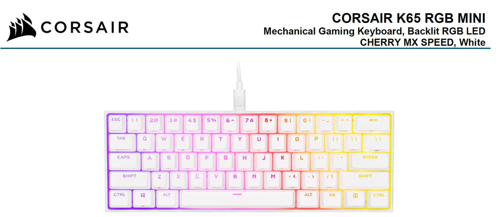 Corsair K65 RGB MINI 60% Mechanical Gaming Keyboard, Backlit RGB LED, CHERRY MX SPEED Keyswitches, White (LS)-0