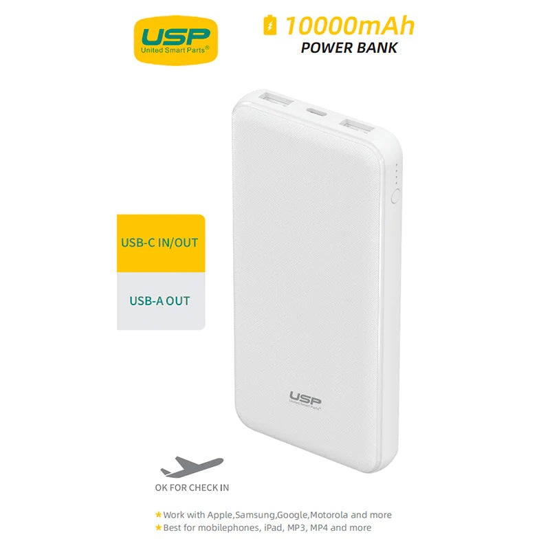 USP 10K mAh Power Bank (37W) with Triple Ports (USB-C + Dual USB-A) White - LED Power Indicator,Fast  Safe,Intelligent Charging,Meet Airport Aviation-0