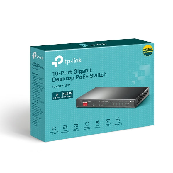 TP-Link TL-SG1210MP 10-Port Gigabit Desktop Switch with 8-Port PoE+PORT: 8× Gigabit PoE+ Ports, 2x Gigabit Non-PoE Ports, 1× Combo Gigabit SFP SlotS-0