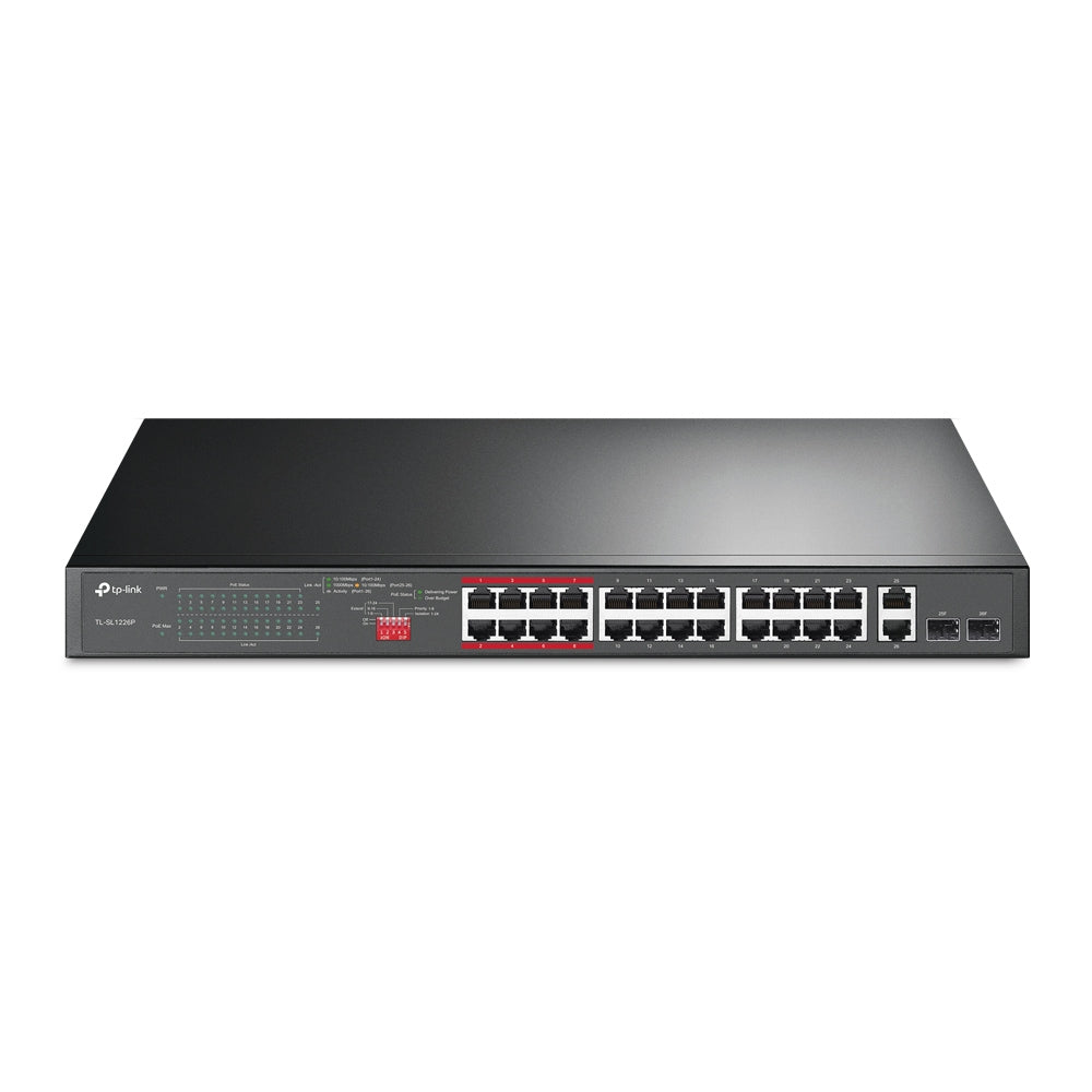 TP-Link TL-SL1226P 24-Port 10/100Mbps + 2-Port Gigabit Unmanaged PoE+ Switch , Up To 250W For all PoE Ports, Up To 30W Each PoE Port-0