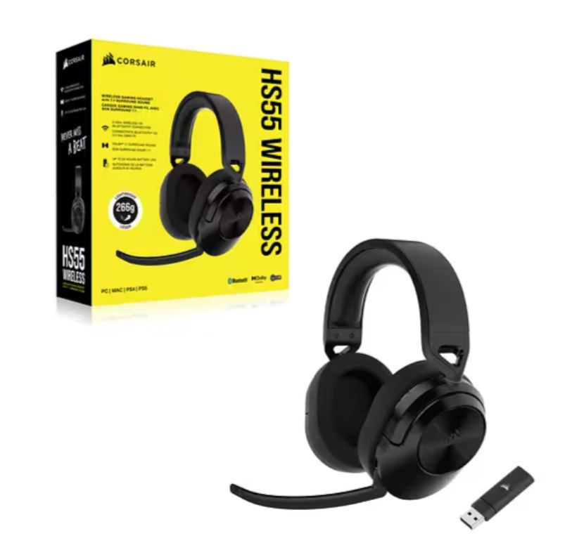 Corsair HS55 Wireless  Bluetooth Carbon, 7.1 Dolby, PS5, Switch. Mobile, Ultra Comfort Foam, USB Receiver, 266g light, 24hr Headset. 2023 Model (LS)-0