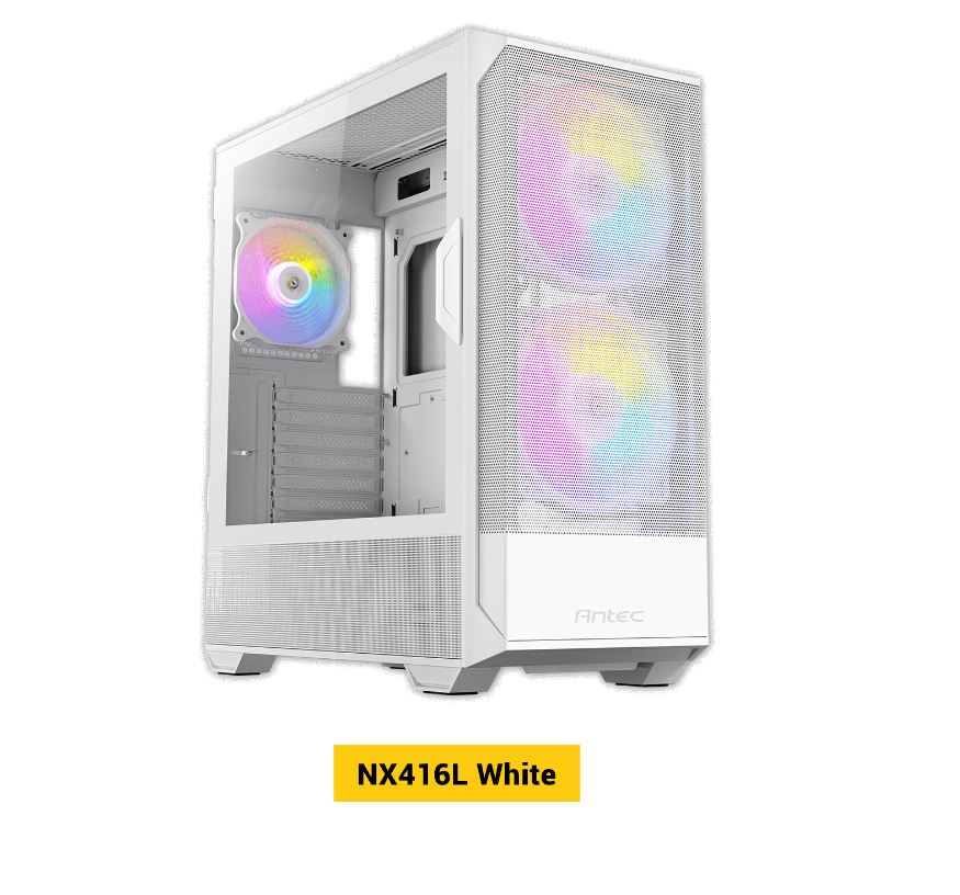 Antec NX416 Mesh White ATX. USB-C x1, USB 3.0 x. 2x ARGB 160mm + 1x ARGB 120mm Fans. LED  PWM Controller. SSD Storage, Cable Routing, Gaming Case-0