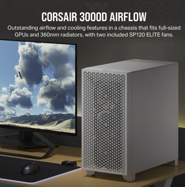 Corsair Carbide Series 3000D Solid Steel Front ATX Tempered Glass White, 2x 120mm Fans pre-installed. USB 3.0 x 2, Audio I/O. Case-0