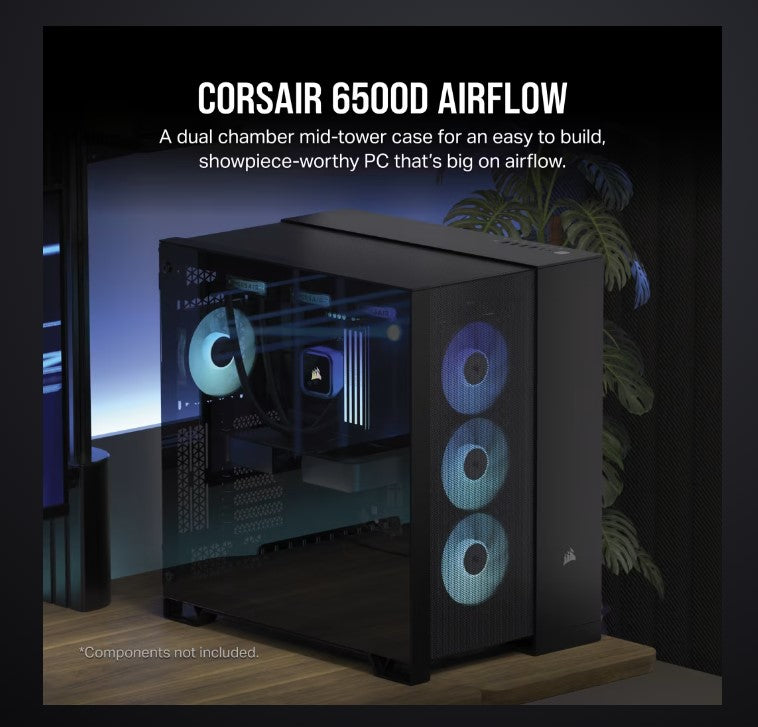 CORSAIR 6500D Airflow Tempered Glass ATX Mid-Tower, Mesh Front left, Dual Chamber Black Case-0