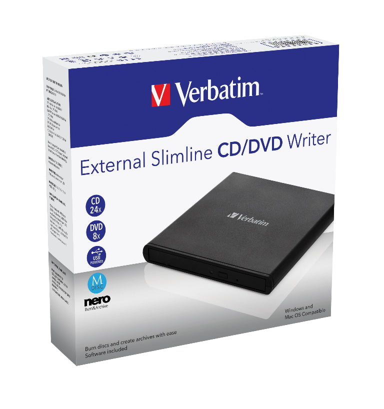 Verbatim External Slimline Mobile CD/DVD Writer USB 2.0 Black-0