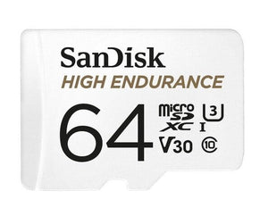 SanDisk High Endurance 64GB microSD 100MB/s 40MB/s 5K hrs 4K UHD C10 U3 V30 -40°C to 85°C Heat Freeze Shock Temperature Water X-ray Proof SD Adapter-0