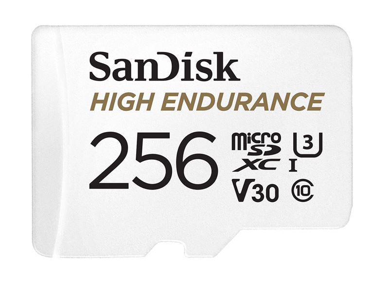 SanDisk High Endurance 256GB microSD 100MB/s 40MB/s 20K hrs 4K UHD C10 U3 V30 -40°C to 85°C Heat Freeze Shock Temperature Water X-ray Proof SD Adapter-0