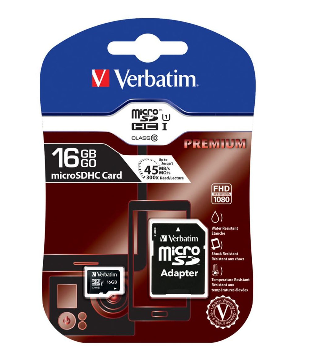 Verbatim Micro SDHC 16GB (Class 10) with Adaptor Up to 45MB/Sec 300X read speed-0