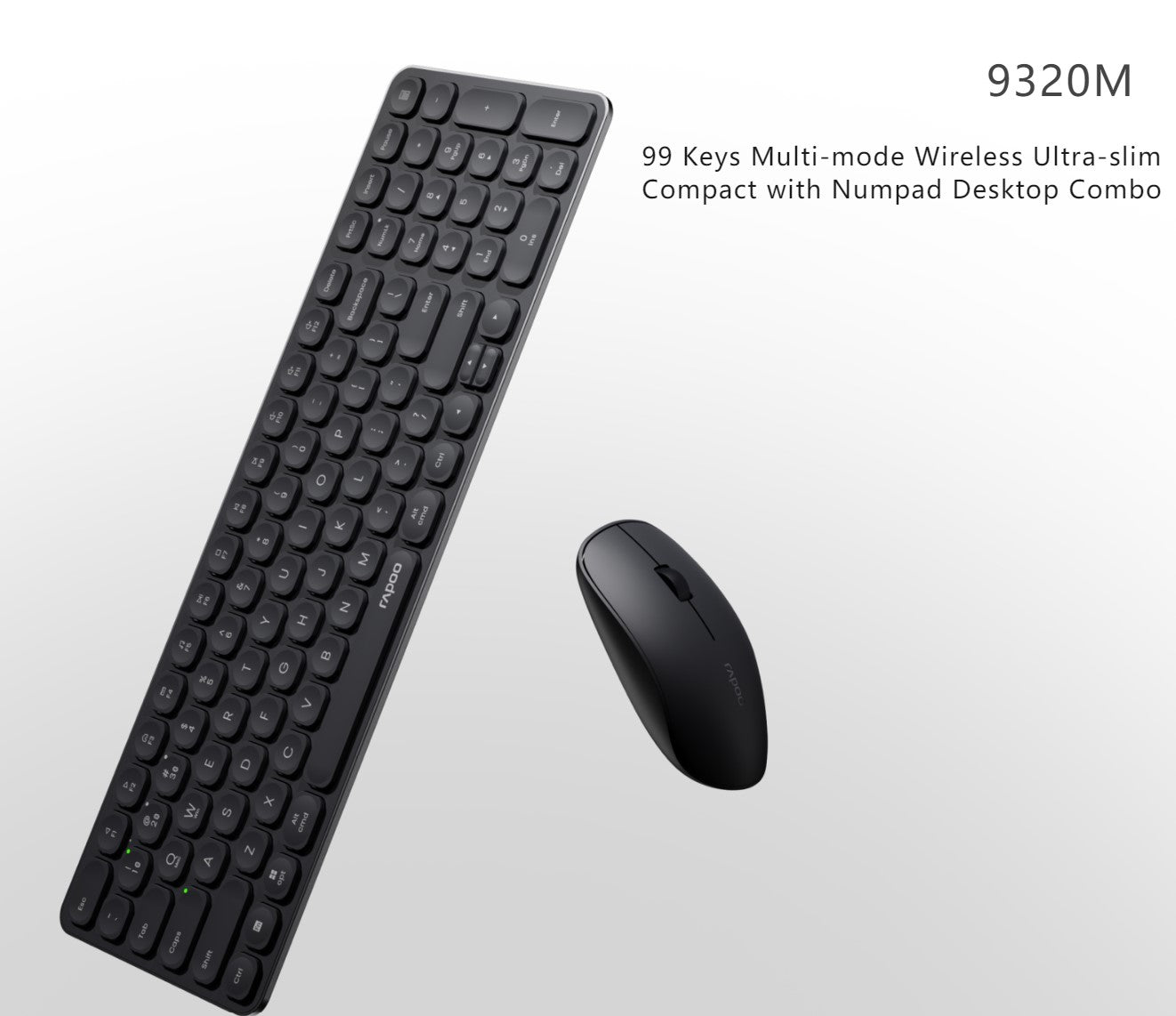 RAPOO 9320M Bluetooth 4.0, 5.0 + 2.4G  Wireless Multi-mode Keyboard Mouse Combo, Aluminum Base, 2400 DPI, 10M Range, Compact Black Retail Pack-0