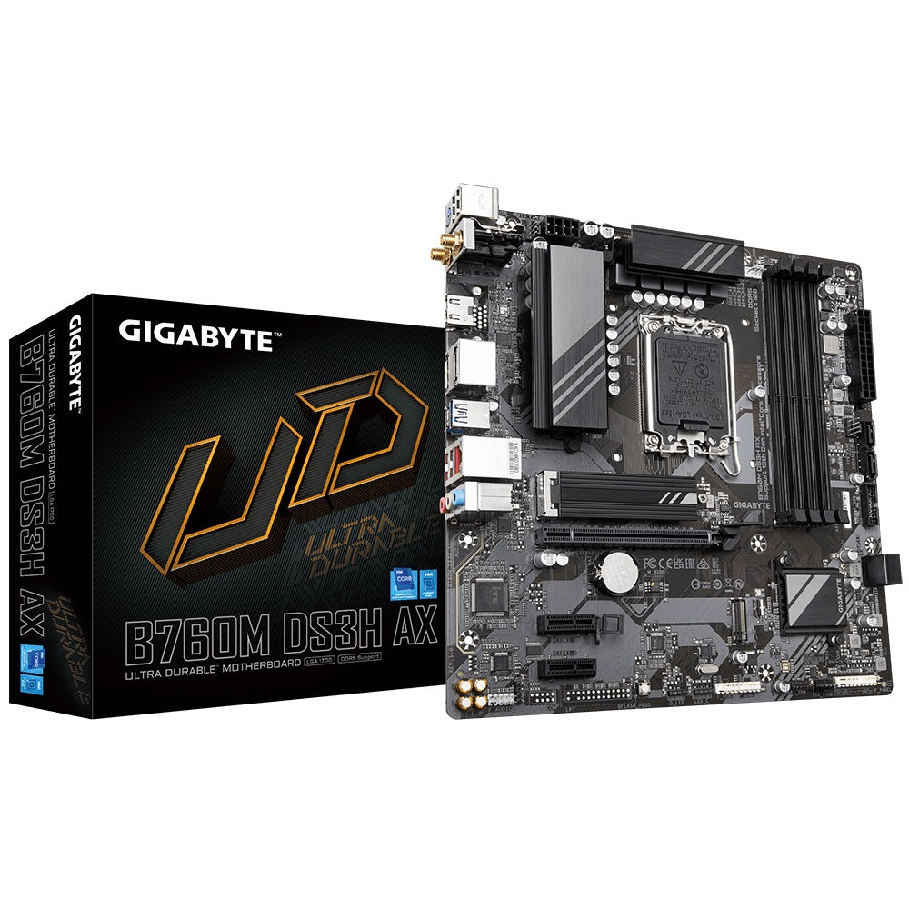 Gigabyte B760M DS3H AX Intel LGA 1700 mATX Motherboard, 4x DDR5 ~192GB, 1x PCI-E x16, 2x M.2, 4x SATA,  3x USB 3.2, 1x USB-C, 2x USB 2.0-0