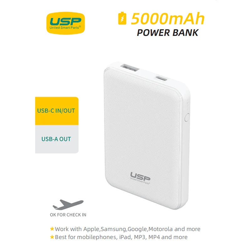 USP Mini 5K mAh Power Bank (18.5W) with Dual Ports (USB-C + USB-A) White - LED Power Indicator, Fast  Safe,Intelligent Charging,Meet Airport Aviation-0