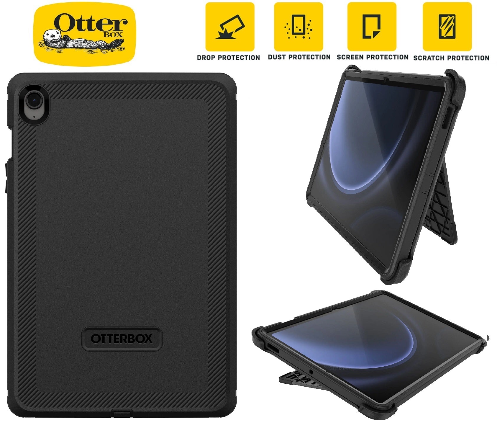 OtterBox Defender Samsung Galaxy Tab S9 FE (10.9") Case Black - (77-95041), DROP+ 2X military standard, Multi-layer,  Built-in screen protector-0