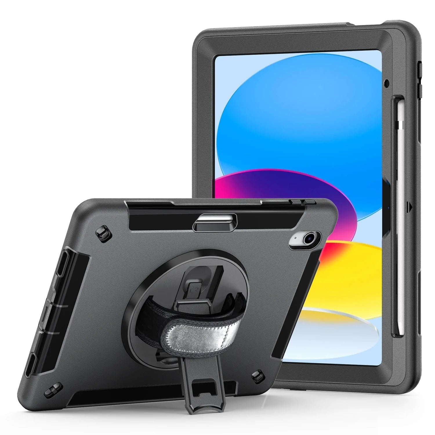 Generic Rugged Apple iPad (10.9") (10th Gen) Case Black - Built-in-Kickstand, Adjustable Hand Strap, Pen Holder, DropProof, ShockProof-0