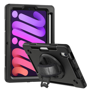Generic Rugged Apple iPad Mini (8.3") (6th Gen) Case with Sling Black - Built-in-Kickstand, Adjustable Hand Strap, Pen Holder, DropProof, ShockProof-0