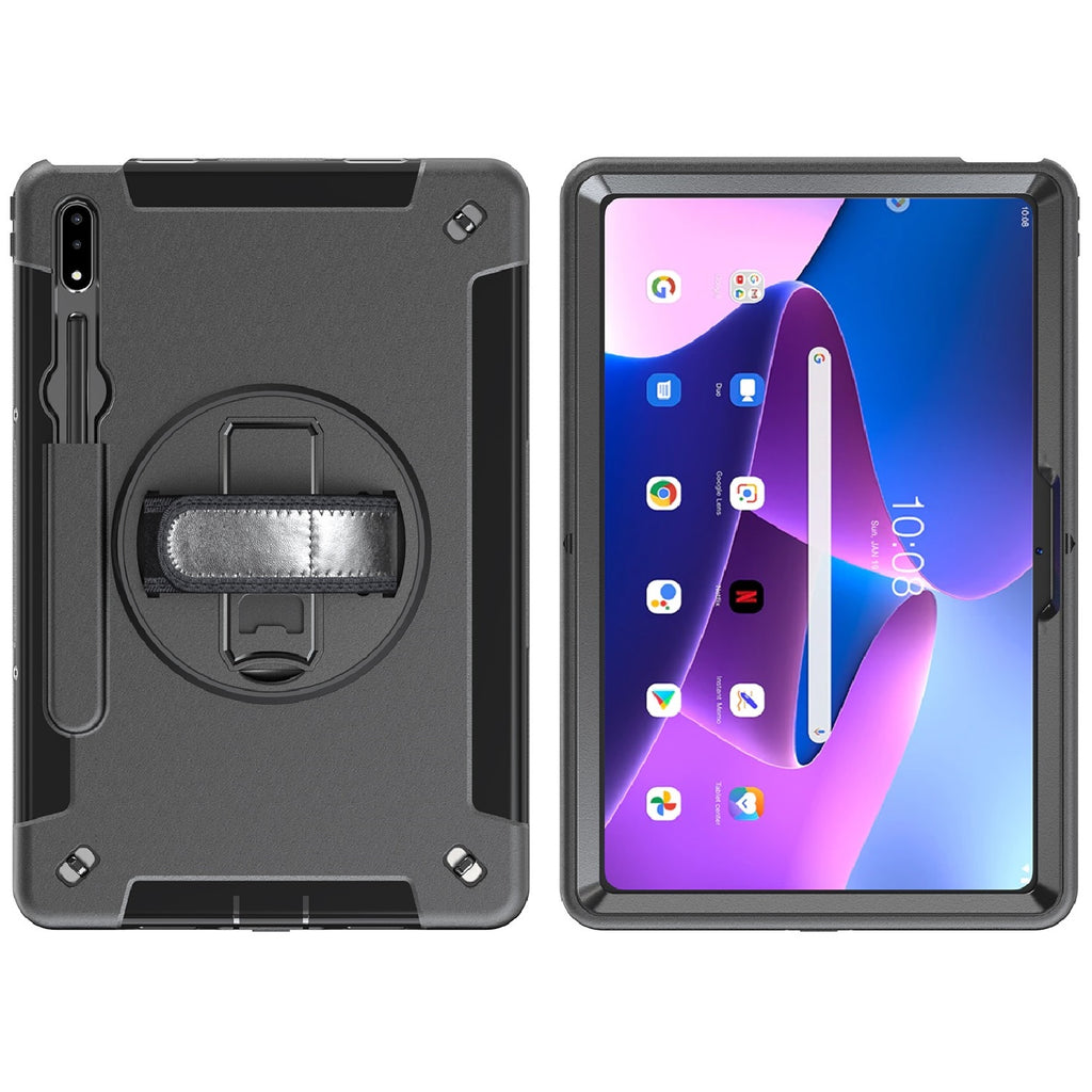 Generic Rugged Lenovo Tab M10 Plus (10.6") (3rd Gen) Case + Screen Protector Black - Built-in-Kickstand, Adjustable Hand Strap-0