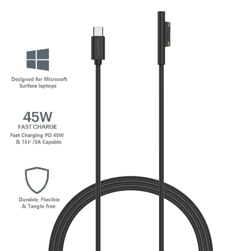 Cygnett Essentials USB-C To Microsoft Surface Laptop Cable (1M) - Black (CY3034USCMS), 45W Fast Charging, Magnetic Connection, Quick  Safe,2 Yr. WTY.-0