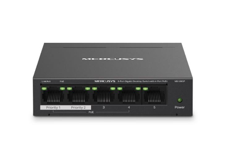 Mercusys MS105GP 5-Port Gigabit Desktop Switch with 4-Port PoE+, 10/100/1000 Mbps RJ45 ports, Up to 250 m-0