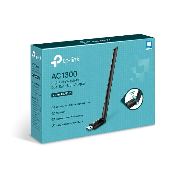 TP-Link Archer T3U Plus AC1300 High Gain Wi-Fi Dual Band USB Adapter,  867Mbps at 5GHz + 400Mbps at 2.4GHz, USB 3.0, 1xHigh Gain External Antenna, MU--0