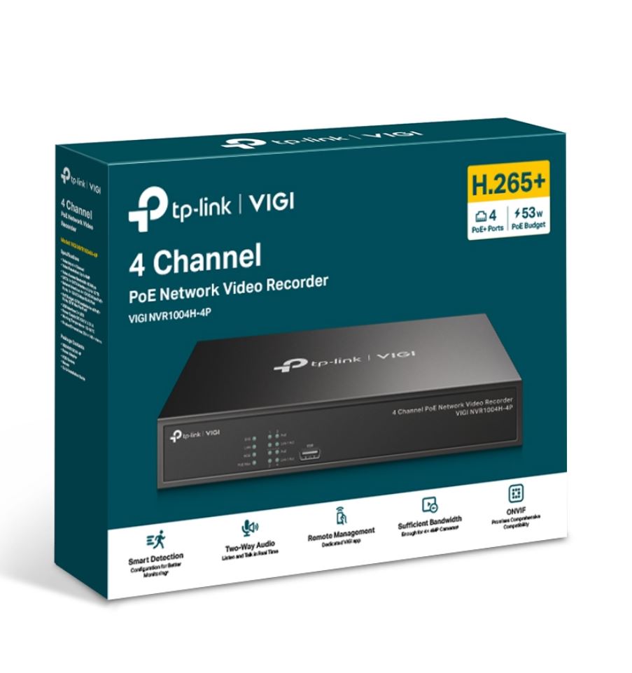 TP-Link VIGI NVR1004H-4P 4 Channel PoE+ Network Video Recorder, 24/7 Continuous Recording, 4K HDMI Video Output  16MP Decoding (HDD Not Included)-0