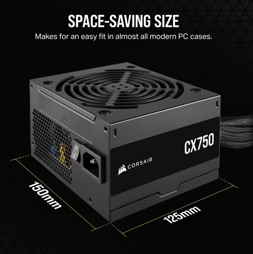 Corsair 750W CX Series, 80 PLUS Bronze Certified, Up to 88% Efficiency,  Compact 125mm design easy fit and airflow, ATX PSU 2024-0