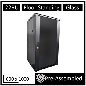 LDR Assembled 22U Server Rack Cabinet (L600mm x W1000mm x H1070mm), Glass Door,1x 8-Port PDU, 1x 4-Way Fan, 2x Fixed Shelves -Black Metal Construction-0