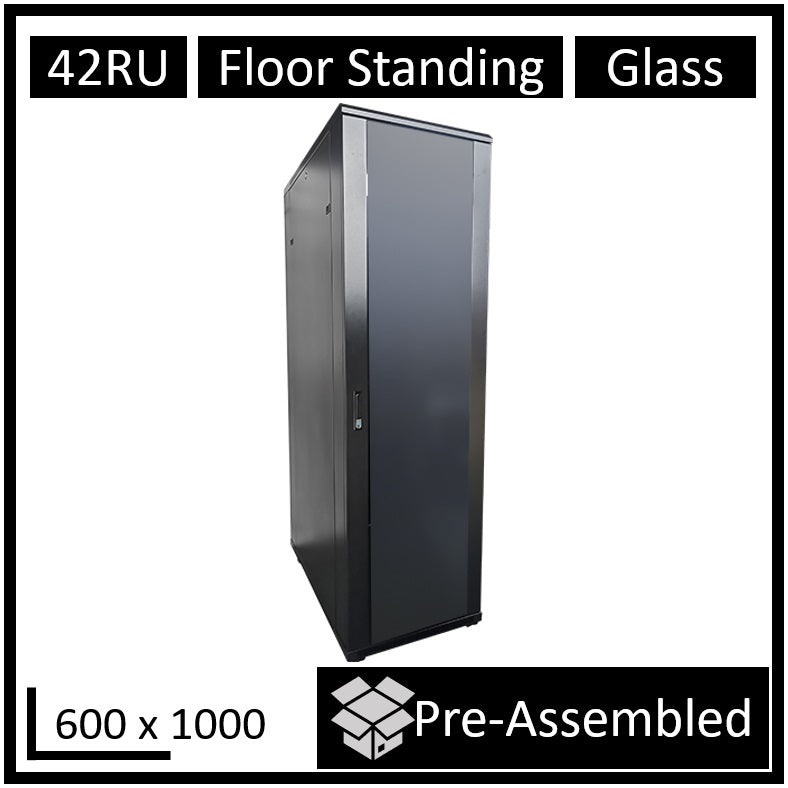 LDR Assembled 42U Server Rack Cabinet (600mm x 1000mm) Glass Door, 1x 8-Port PDU, 1x 4-Way Fan, 2x Fixed Shelves - Black Metal Construction-0