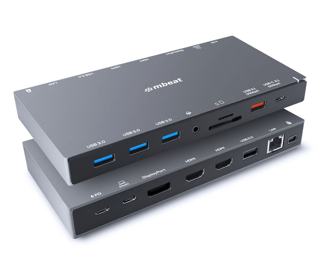 mbeat 15-in-1 Triple Display USB-C Docking Station 2x HDMI 1x DP 1x 100W PD 3.0 1x USB-C 3.1 Gen2 3x USB 3.0 1x USB 3.1 Gen2 MicroSD/SD Card 1x 1Gb-0