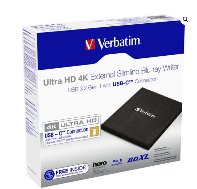 Verbatim External Slim Blue-ray Writer Ultra HD 4K Type-C Connection, USB 3.1 Gen1. Includes Nero Burning Software. Ultra Portable.-0