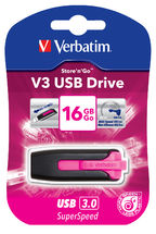 Verbatim 16GB V3 USB3.0 Pink Store'n'Go V3; Rectractable USB Storage Drive Memory Stick-0