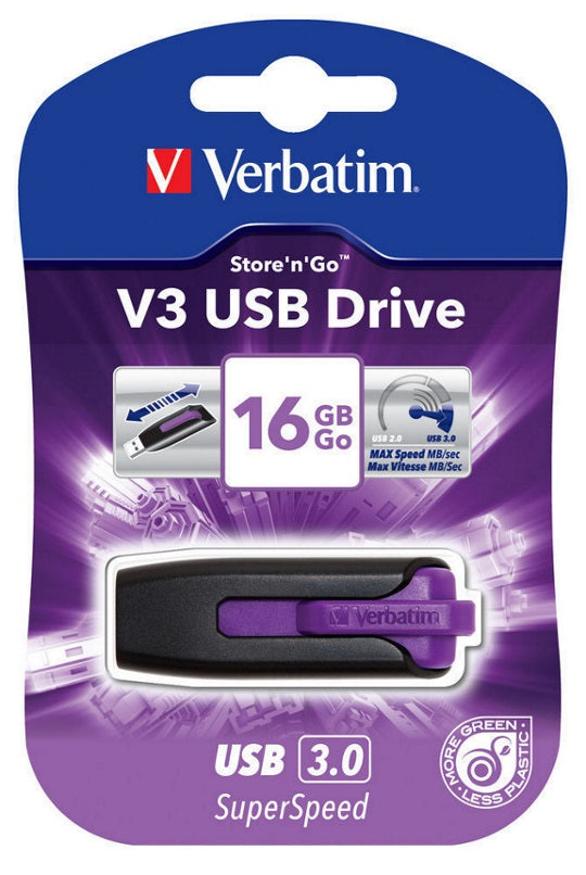 Verbatim 16GB V3 USB3.0 Violet Store'n'Go V3; Rectractable USB Storage Drive Memory Stick-0