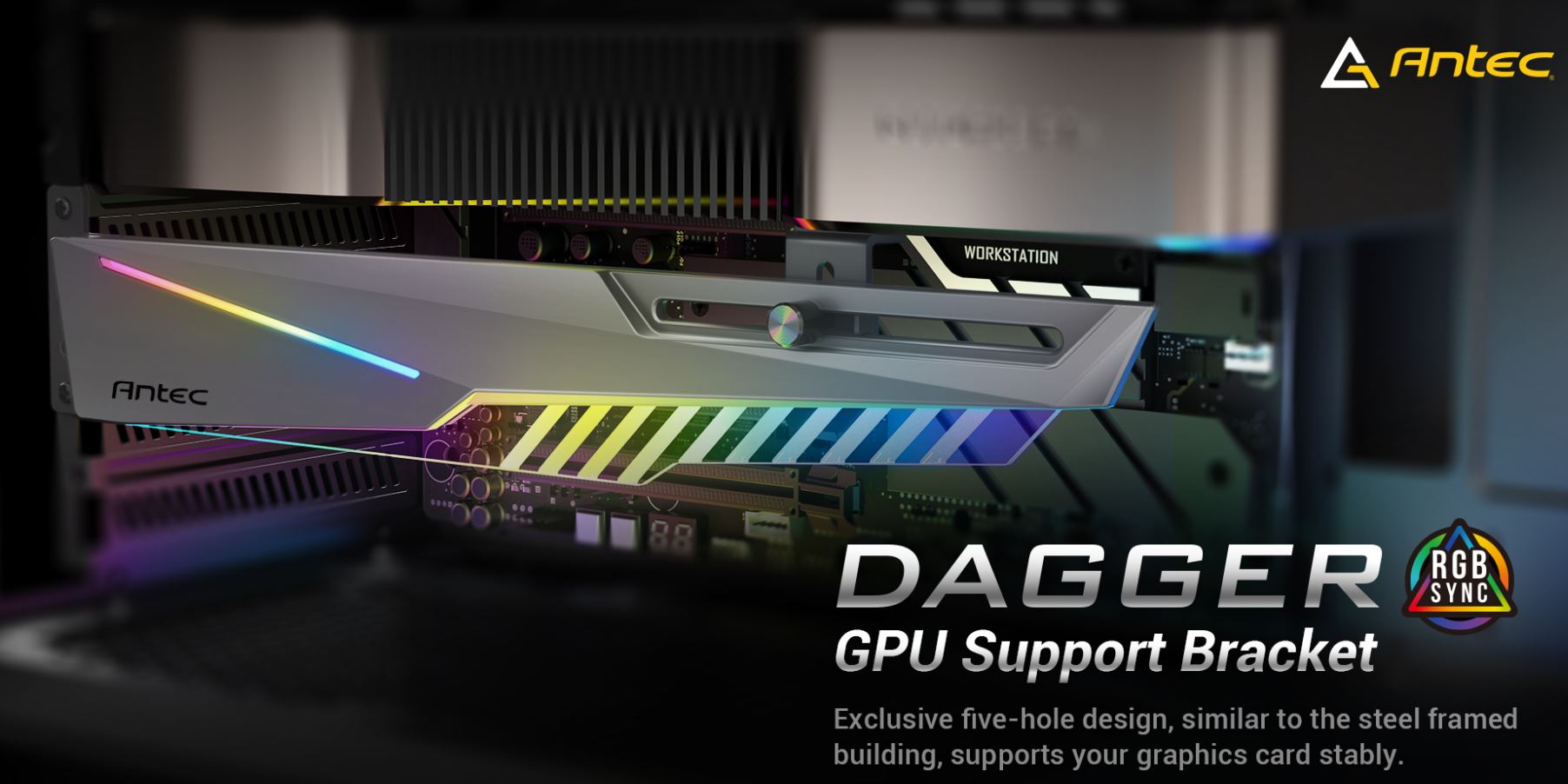 Antec GPU Bracket Dagger Black ARGB 5V 3-Pin.  5 holes. Horizontal Mount GPU 170-270mm. universal case support, Tool-Less. Adjustable Support column.-0