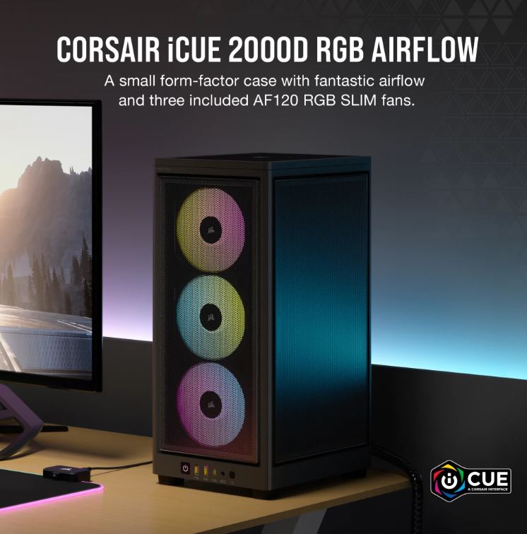 Corsair iCUE 2000D RGB AIRFLOW - Mesh Panels, USB-C, 3x AF120 RGB Slim Fans, ICUE, Mini ITX Tower - Black. Case,-0