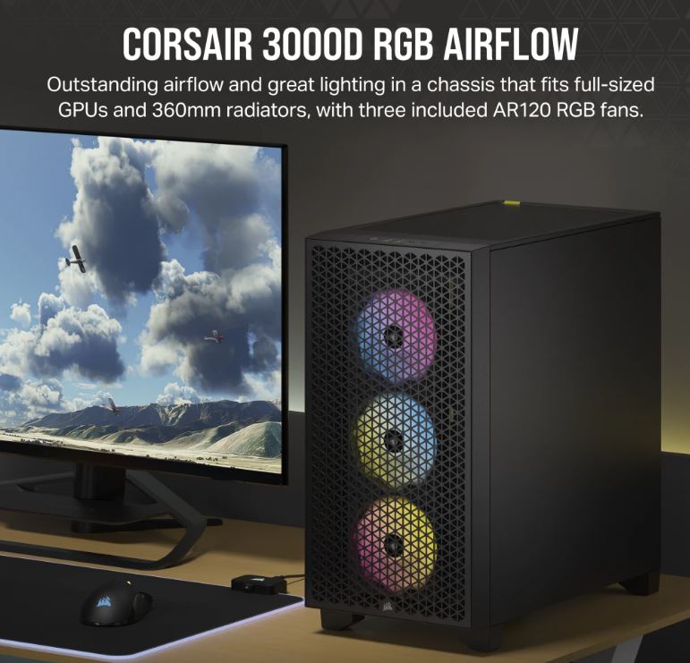 Corsair Carbide Series 3000D RGB Solid Steel Front ATX Tempered Glass Black, 3x AR120 RGB Fans  Adapter pre-installed. USB 3.0 x 2, Audio Case (LS)-0