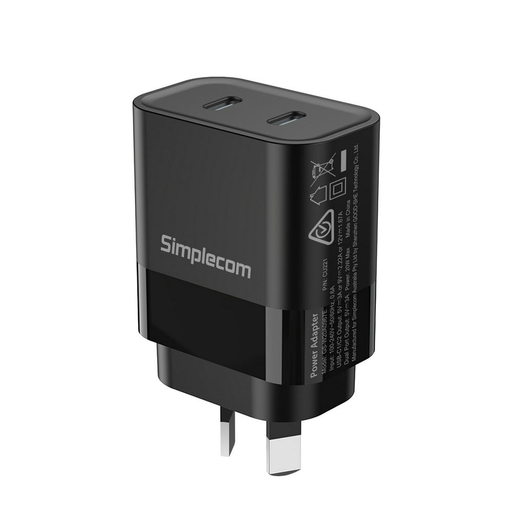 Simplecom CU221 Dual USB-C Fast Wall Charger PD 20W for Phone Tablet-0